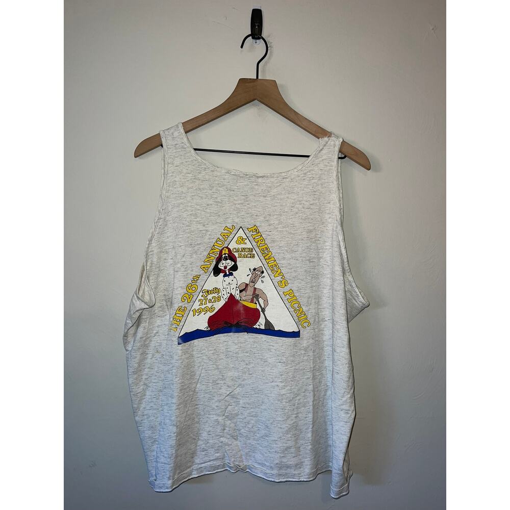 1996 Vintage Firemen's Picnic & Canoe Race Gray Tank Sleeveless Shirt VTG